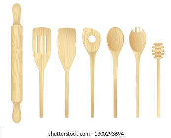 Wooden kitchen utensils isolated on white. Vector illustration