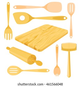 Wooden kitchen utensils. Isolated vector illustration on white background.