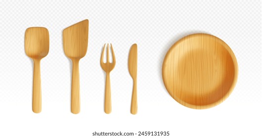 Wooden kitchen utensils set isolated on transparent background. Vector realistic illustration of yellow fork, knife and spatula, reusable eco tableware of organic material, restaurant tools