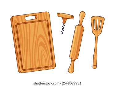 Wooden kitchenware for bakery and cooking food composition set isolated on white background