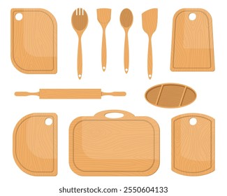 Utensilios de cocina de madera. Tabla de cortar diferentes Formas. Espátulas de madera. Material de madera natural. Cucharas o tenedores. Herramientas de cocina. Picado de comida. Bandeja de tablones. Cocina