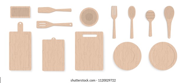 Wooden kitchenware set isolated on white background. Plate on the table background. Beautiful dishes from above (top view). Simple design. Realistic template. Flat style vector illustration.