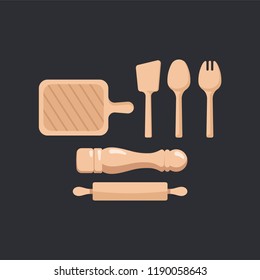 Ilustración vectorial del conjunto de artículos de cocina de madera