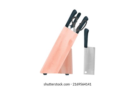 Wooden knife block watercolor style. Kitchen knife block vector design illustration isolated on white background. Simple knife block clipart. Knives in the wooden block hand drawn cartoon style