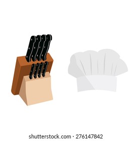Wooden knife holder with eight knife and white chef hat vector icon set