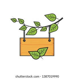 wooden label hanging with branch and leafs
