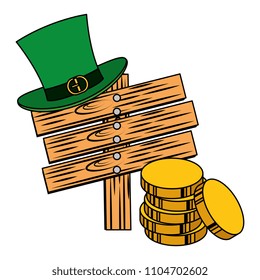 wooden label with pile coins and irish elf hat
