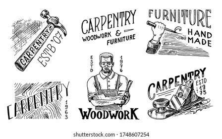 Wooden labels set for Workshop or signboards. Woodworker carpenter man, joiner and Hammer. Vintage logo, Badges for typography or t-shirts. Hand Drawn engrave sketch.