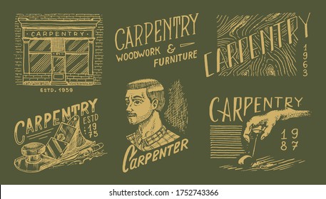 Wooden labels set for Workshop or signboards. Woodworker carpenter man, joiner and furniture. Vintage logo, Badges for typography or t-shirts. Hand Drawn engrave sketch.
