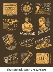 Wooden labels set for Workshop or signboards. Woodworker carpenter man, joiner and furniture. Hammer and chair. Vintage logo, Badges for typography or t-shirts. Hand Drawn engrave sketch.