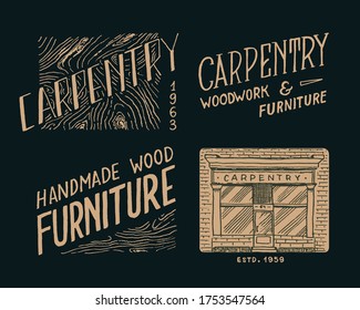 Wooden labels for Workshop or signboards. Vintage logo, Badges for typography or t-shirts. Hand Drawn engrave sketch.
