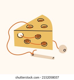 Colocación de madera en forma de queso. Componente del desarrollo de la educación Montessori en guardería, en el hogar. Juego para que los niños desarrollen motilidad manual. Dibujo manual del vector