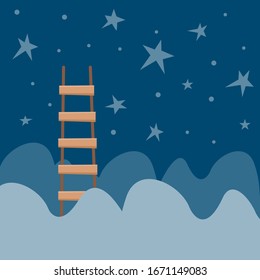 Wooden ladder in the clouds and on the background of the starry sky. Flat vector illustration.