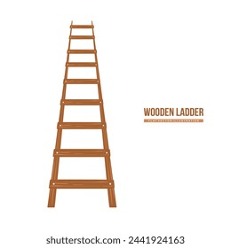 Wooden ladder for domestic, construction needs and housekeeping. Vector wooden stair isolated on white background. Big and long stepladder in flat style. Colored vector illustration