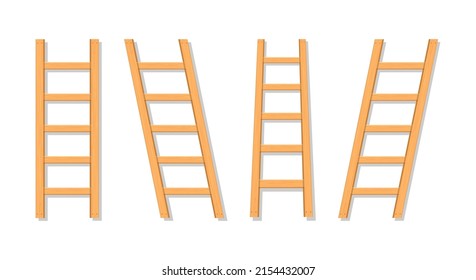 Wooden ladder. Isometric wooden ladders. Wood stair. Wood staircase. Set of cartoon stairs with shadow for construction, painter and work. Stepladder isolated on white background. Vector.