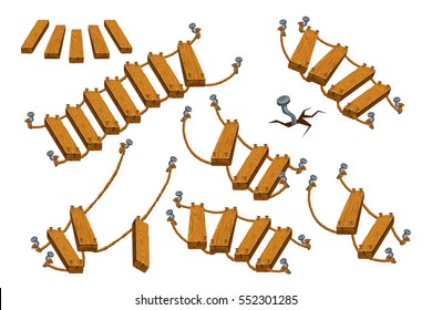 Wooden ladder and rope on a white background. Elements for a mobile game. Isometric.