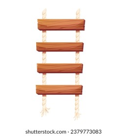 Wooden ladder with rope, planks hanging, staircase in cartoon style isolated on white background, Bridge, game road.