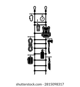 A wooden ladder serves as a rack for various vintage tools and gadgets. This creative display features old equipment hanging on rungs, perfect for workshop or industrial design themes.