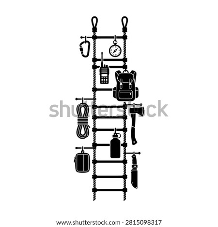 A wooden ladder serves as a rack for various vintage tools and gadgets. This creative display features old equipment hanging on rungs, perfect for workshop or industrial design themes.