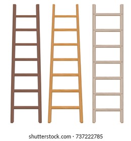 Wooden ladder set. Flat style. Step ladders collection of different colors isolated on white. Vector