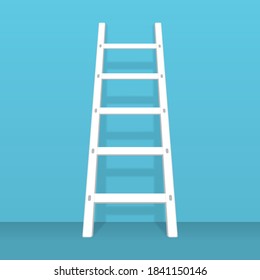 Wooden ladder with shadow stand near wall. Wood step ladders stand near white wall. Vector illustration in modern flat style, isolated on white background. EPS 10.
