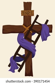 Wooden ladder used for Descent from the Holy Cross with purple fabric around it for Easter.