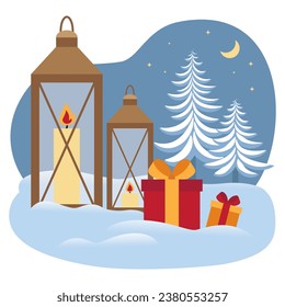 Wooden lanterns with candles and gifts in the snow. Scandinavian Christmas decoration. Flat vector elements.