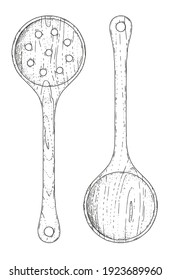 Wooden large spoon with holes. Hand-drawn sketches engraving style. Vintage illustrations on a transparent background