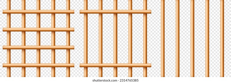 Wooden lattice, rural picket fence. Farm or village house boundary, garden enclosing planks. Detailed wooden jail cage. Criminal background mockup. Creative vector illustration