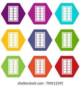 Wooden latticed window icon set many color hexahedron isolated on white vector illustration