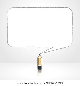 Wooden Lead Pencil with Reflection Drawing Tinted Quotation Marks in Rectangular Speech Bubble on White Background