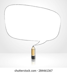 Wooden Lead Pencil With Reflection Drawing Smooth Irregular Shaped Speech Bubble On Pale Background