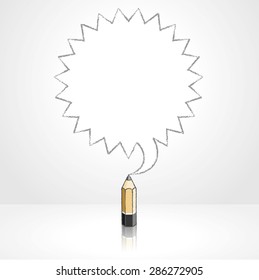 Wooden Lead Pencil with Reflection Drawing Pointed Starburst Speech Bubble Grey Background