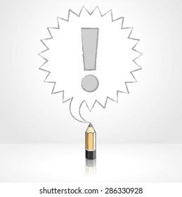 Wooden Lead Pencil with Reflection Drawing Exclamation Mark in Pointed Starburst Speech Bubble on Pale Grey Background