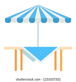 Wooden legs picnic table with blue tablecloth and picnic umbrella vector flat icon isolated on white