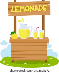 Wooden lemonade stand and lemon juice. Vector illustration