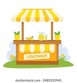 Wooden lemonade stand and lemon juice. Vector illustration