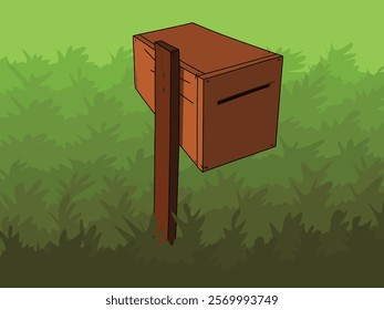 Wooden letter box with grass field vector illustration. Wooden box for receiving letter vector illustration. Postal box vector illustration.