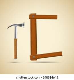 Wooden letter C and hammer, vector illustration, eps10, 3 layers, easy editable