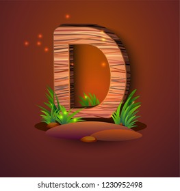 Wooden letter "D" decorated with grass and crickets. logo vector illustration
