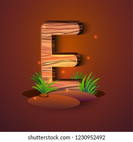 Wooden letter "E" decorated with grass and crickets. logo vector illustration