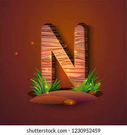 Wooden letter "N" decorated with grass and crickets. logo vector illustration