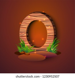Wooden letter "O" decorated with grass and crickets. logo vector illustration