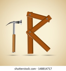 Wooden letter R and hammer, vector illustration, eps10, 3 layers, easy editable