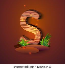 Wooden letter "S" decorated with grass and crickets. logo vector illustration