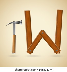 Wooden letter W and hammer, vector illustration, eps10, 3 layers, easy editable