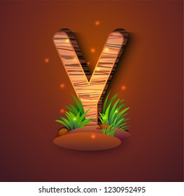 Wooden letter "Y" decorated with grass and crickets. logo vector illustration