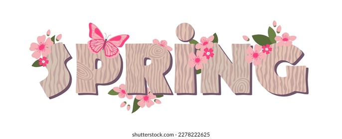 Wooden letters SPRING in flowers and butterflies. Illustrated vector element.