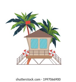 Wooden lifeguard house in flat design. Retro life guard tower isolated on white background. Baywatch hut or observation tower vector illustration.