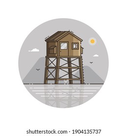 Wooden lifeguard house seaside icon in line art design. Retro life guard baywatch tower on sea coast illustration.
